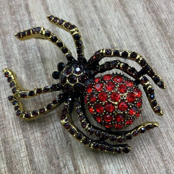 Spider Insect Black Red Rhinestone Gold Tone Brooch Pendant - Picture 1 of 8